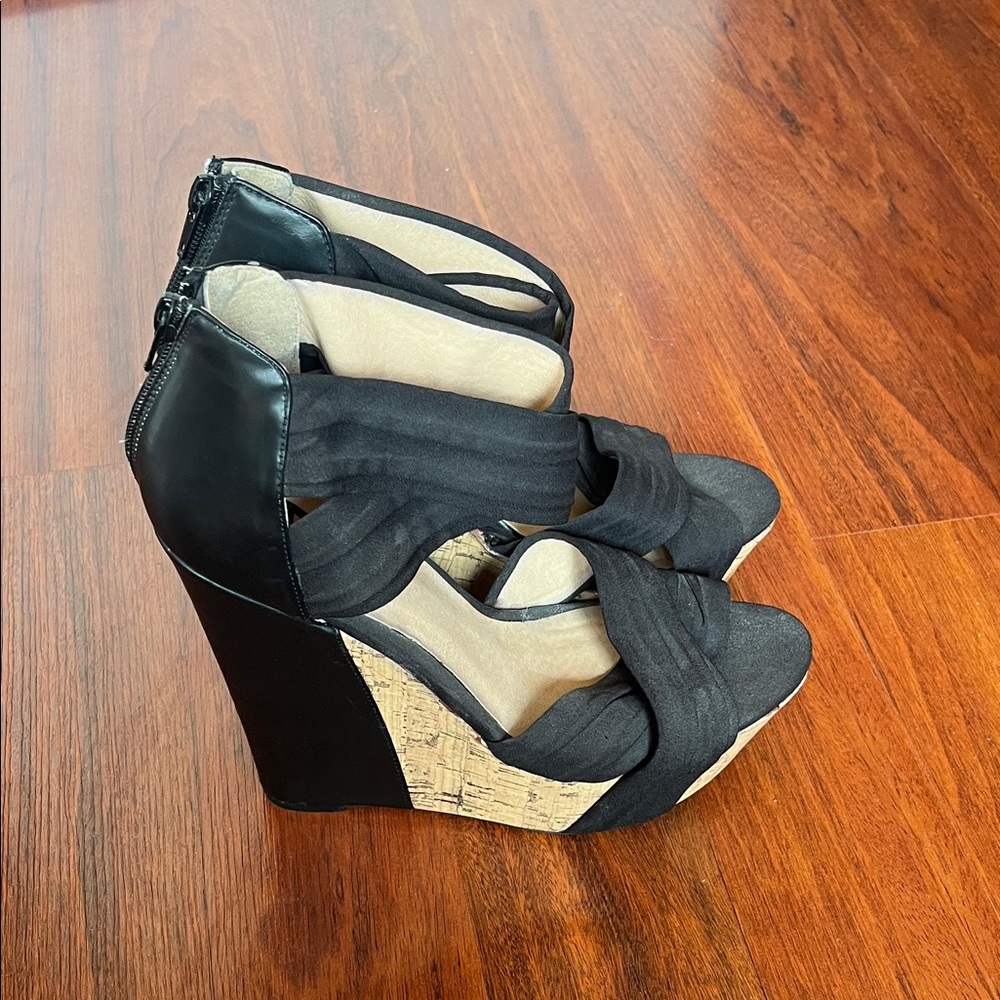 G by Guess Black and Tan Wedge Heels